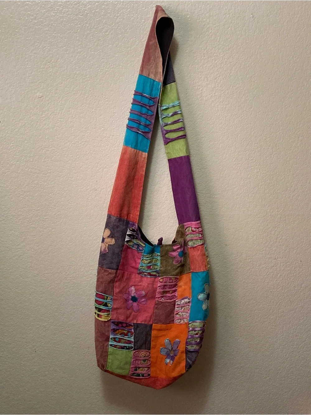 Boho Hippie Flower Colorblock Patchwork Sling Bag - Multicolor